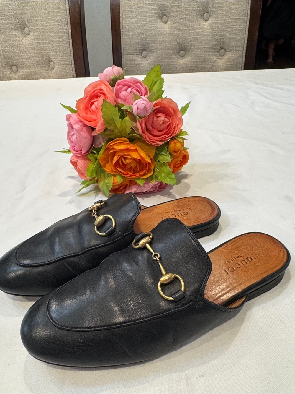 Gucci Black Leather Horsebit Backless Mules with Gold Tone Hardware